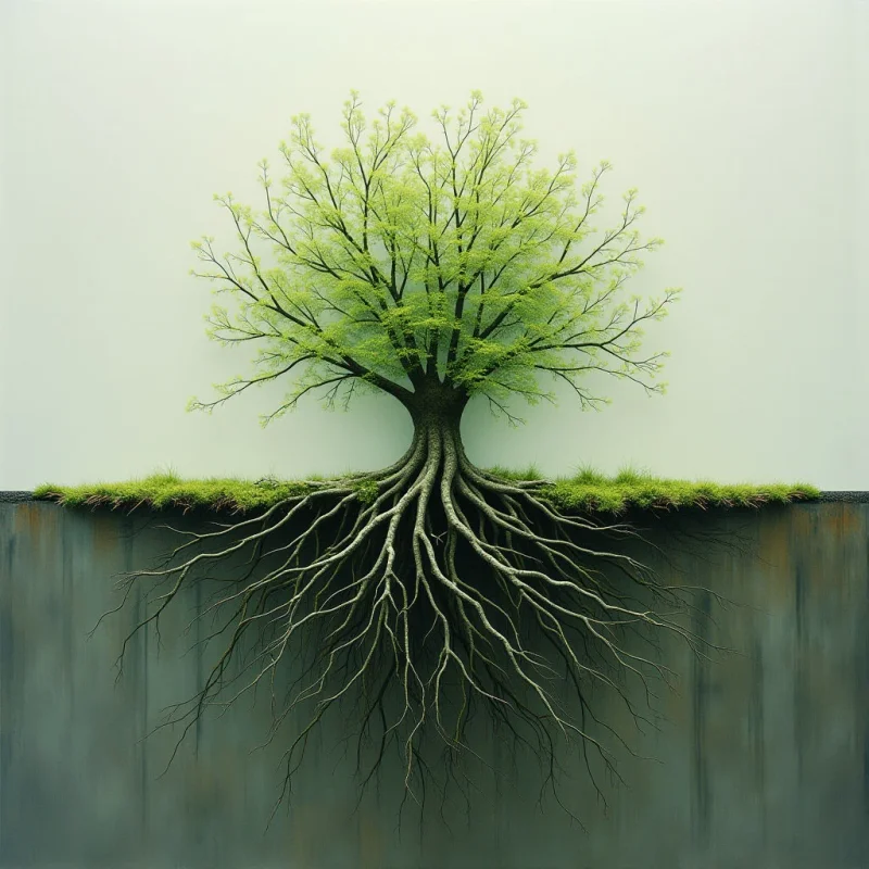 The image features a tree centrally positioned with exposed roots extending downward into a dark reflective surface. Colors are primarily muted greens and browns contrasted against a pale grey background, creating a soft tonal range. The texture of the foliage is delicate, while the roots appear rough and branching; spatial relationships emphasize depth through the receding perspective of the root system below a thin layer of grass.