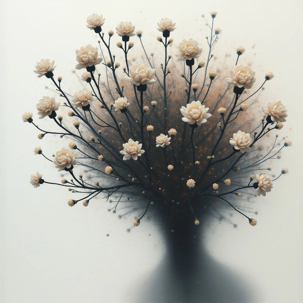 A large bouquet of pale cream-colored flowers bursts from a dark, shadowy vase shape. The blooms and delicate branches are surrounded by a cloud of fine particles that seem to be dissolving into the white background. It has an ethereal quality, as if the arrangement is fading away or being born from darkness.