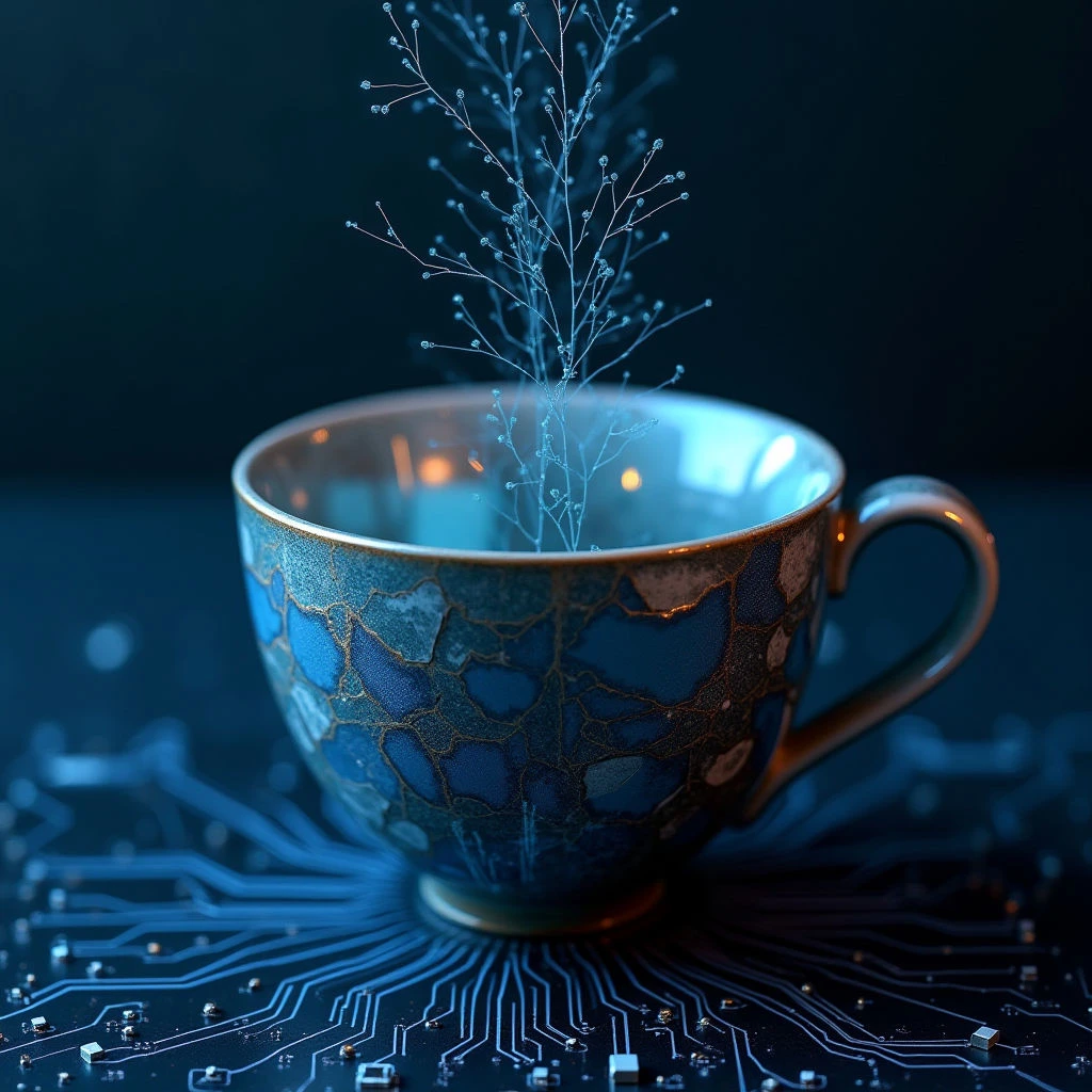 The image features a dark blue teacup with gold detailing, set against a deep navy background and a surface of glowing circuit board lines. Within the cup rises a delicate structure of thin, light-blue branches resembling plant growth, illuminated from within. The spatial arrangement places the teacup centrally, with the circuitry extending outwards to fill the lower frame and create a sense of depth.