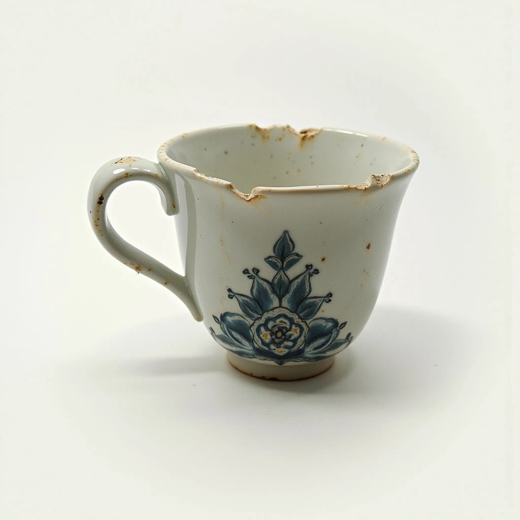 A small, aged teacup sits alone against a stark white background. The cup is chipped and stained around the rim, hinting at frequent use, while a delicate blue floral pattern adorns its lower half. A curved handle extends from the side of the vessel, completing the antique look.