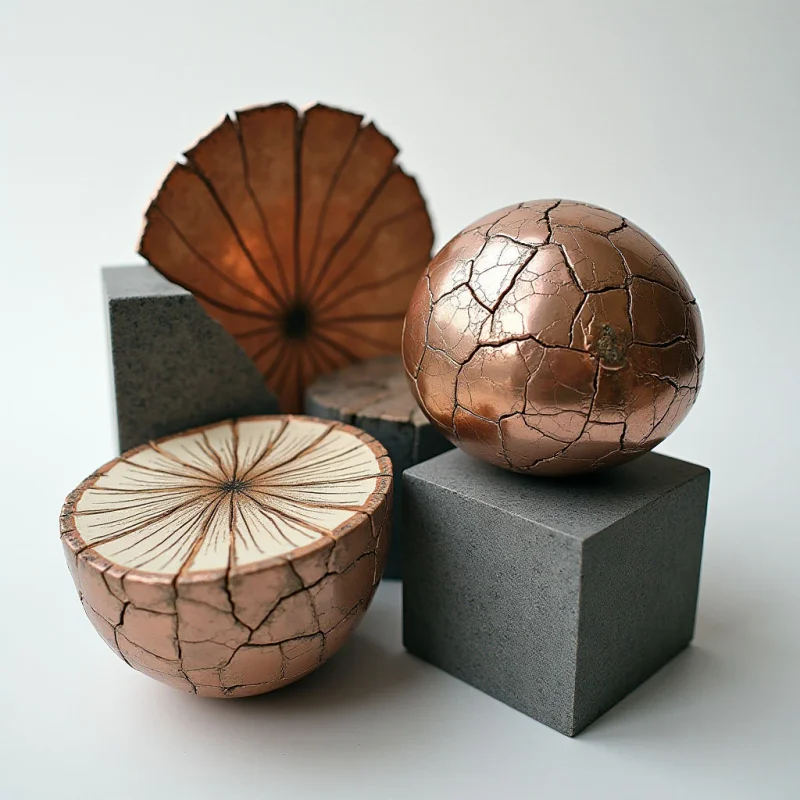 Copper-toned, cracked spherical and hemispherical forms sit atop and beside dark gray, textured rectangular blocks. The composition features a contrast between the smooth, metallic sheen of the fractured spheres and the matte, granular surfaces of the stone-like bases. Soft, diffused light creates subtle shadows across the white background, emphasizing the radial patterns within the hollowed shapes and the geometric arrangement of the objects.