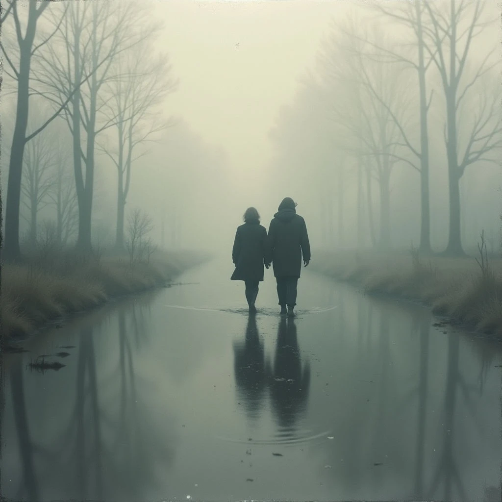A couple walks away from the viewer down a long, wet road lined with bare trees. Thick fog obscures everything beyond a short distance, creating a sense of isolation and mystery. Their reflections are mirrored in the still water covering the pavement.
