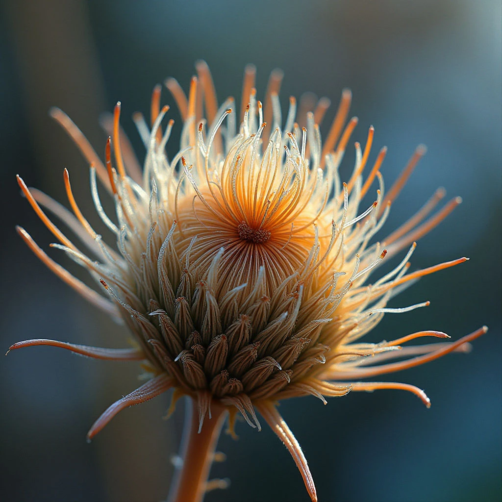 The image centers on a spherical flowerhead with numerous slender, pointed petals radiating outwards in a burst of warm orange and beige tones. The texture appears rough and slightly fuzzy, contrasting with the smoother central cone of the bloom. Soft light illuminates the front half of the flower, casting shadows within its depths and creating a blurred background of muted blues and greens.