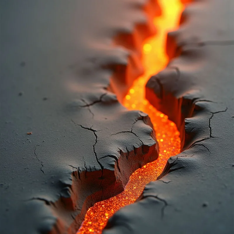 A glowing orange fissure of molten liquid cuts through a dark, matte gray surface characterized by jagged cracks and rough textures. The bright, luminous light from the center creates a sharp contrast against the surrounding shadows and deep crevices. A diagonal spatial arrangement draws the eye from the foreground into the distance along the winding path of the crack.