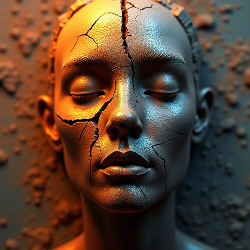 A pale, matte-textured face is fractured by deep, irregular cracks that traverse its surface against a dark, pebbled background. Warm orange light strikes one side of the head, creating high contrast with the cool, blue-toned shadows on the opposite side. The composition centers on the symmetrical features of the closed eyes and lips, framed by the rough texture of the surrounding space.