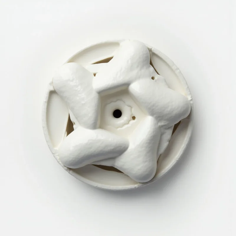 A white, geometric sculpture rests on a similarly colored circular base. The sculpture features several petal-like forms radiating from a central hollow core with a small opening. Its smooth texture and stark color create a clean, minimalist aesthetic against the plain background.