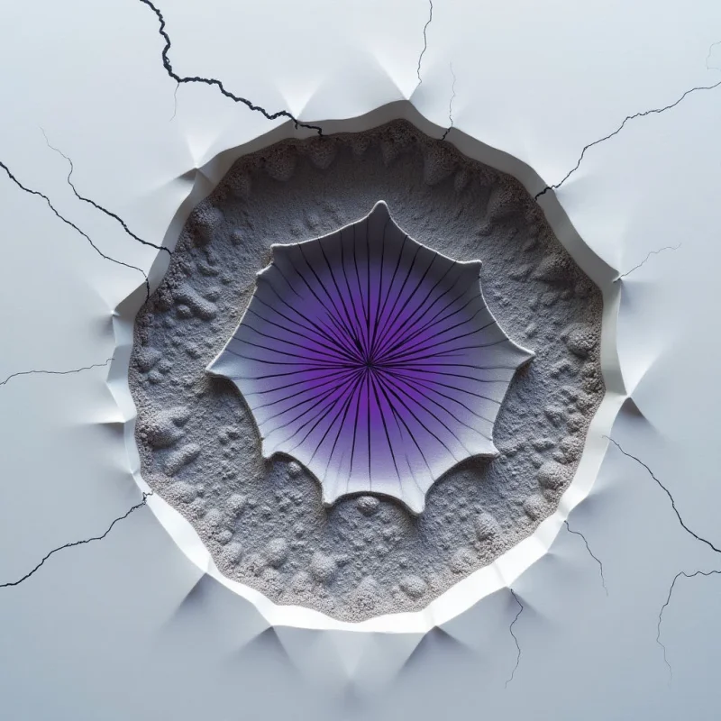 A central purple starburst with fine radiating lines sits within a crater of coarse, granular grey texture. This inner circle is surrounded by a jagged white void that features sharp, radial folds and spreading dark cracks. The composition uses high contrast between the smooth white surface and the deep, shadowed recesses of the center.