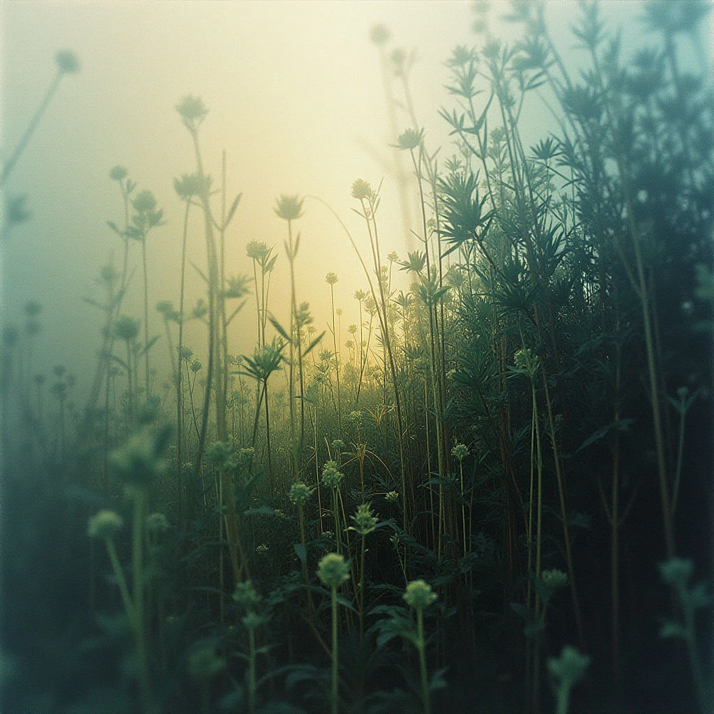 Tall, slender plants fill the frame, their delicate buds reaching towards a hazy light source. The foreground is darker and more densely packed with vegetation, while the background fades into a soft, golden glow. A sense of quiet stillness and natural beauty pervades the scene.