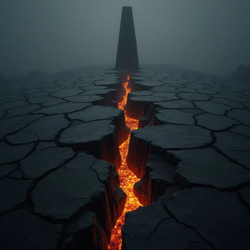 A dark, cracked landscape of textured earth stretches toward a central monolith silhouetted against a misty gray background. A glowing orange fissure of molten light cuts through the center of the terrain, creating a sharp color contrast with the surrounding dark tones. The composition uses strong leading lines from the crack to draw the eye toward the distant, vertical shape in the hazy distance.