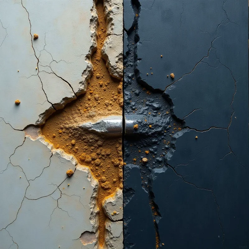 A vertical split divides the composition into a pale, off-white side and a dark navy side, both featuring fine, web-like cracks across their surfaces. A jagged, central fissure reveals a coarse, granular ochre texture that transitions into a dark, craggy void on the right. A smooth, metallic silver object sits horizontally within this central breach, bridging the two contrasting halves.