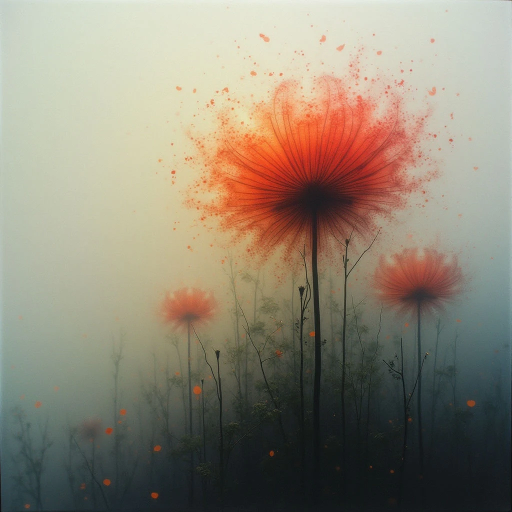 Several tall, dark stems rise from a misty field, each topped with a large, spherical puffball of vibrant orange seeds. The background fades from pale yellow to cool grey-blue, creating a soft and ethereal atmosphere. Scattered orange specks drift throughout the scene like floating embers or released spores.