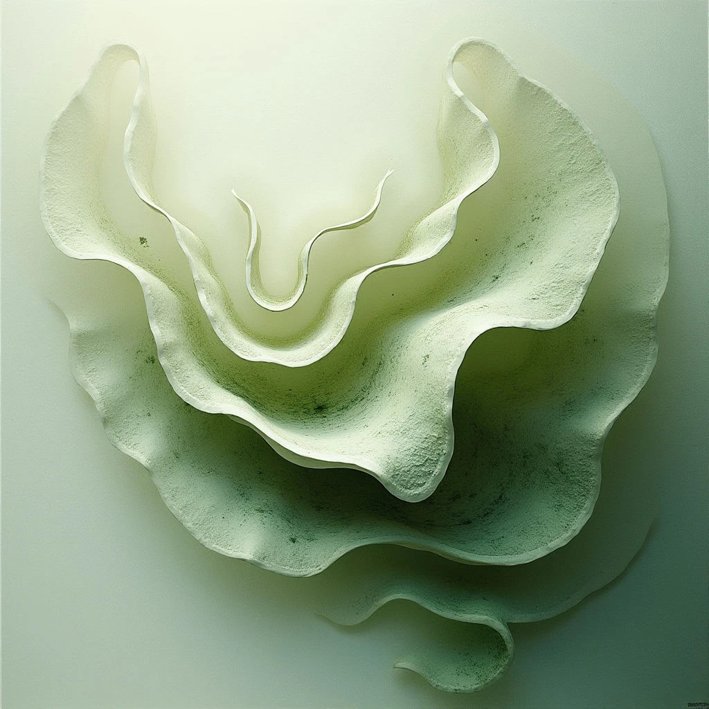 The image features a large, organic form in shades of pale green and off-white, resembling a stylized flower or sea creature. The surface appears textured and slightly rough, with undulating layers that create both highlights and shadows. Soft light illuminates the object from multiple directions, emphasizing its three-dimensional shape against a smooth, muted background, giving it a sense of depth and proximity to the viewer.