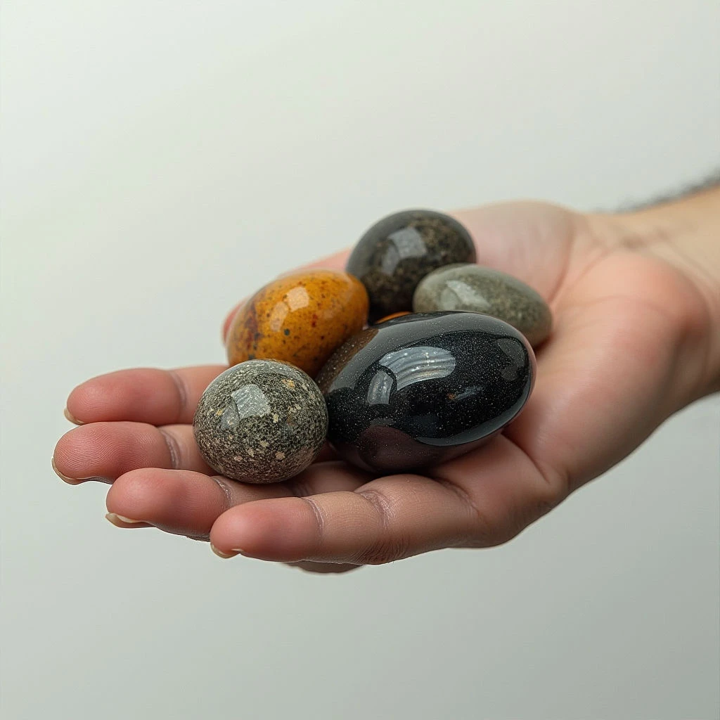 A pale hand holds a collection of smooth, rounded stones against a light gray background. The stones vary in color from dark black and gray to mottled orange and beige, with speckled textures visible on several surfaces. Soft, diffused light illuminates the scene, creating gentle shadows within the palm and highlighting the reflective qualities of the polished stone.