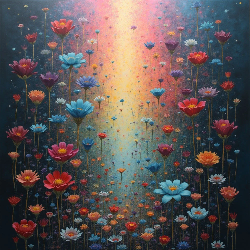 A dense field of colorful wildflowers stretches upwards, filling the frame with a variety of blues, reds, and oranges. The flowers are clustered closely together, creating a vibrant tapestry against a dark background that fades into a bright, glowing light source above. A sense of depth is achieved through the varying sizes and blurred details of the blossoms as they recede into the distance.