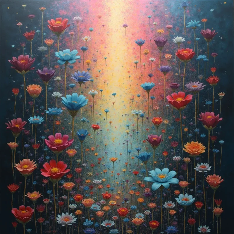 A dense field of colorful wildflowers stretches upwards, filling the frame with a variety of blues, reds, and oranges. The flowers are clustered closely together, creating a vibrant tapestry against a dark background that fades into a bright, glowing light source above. A sense of depth is achieved through the varying sizes and blurred details of the blossoms as they recede into the distance.