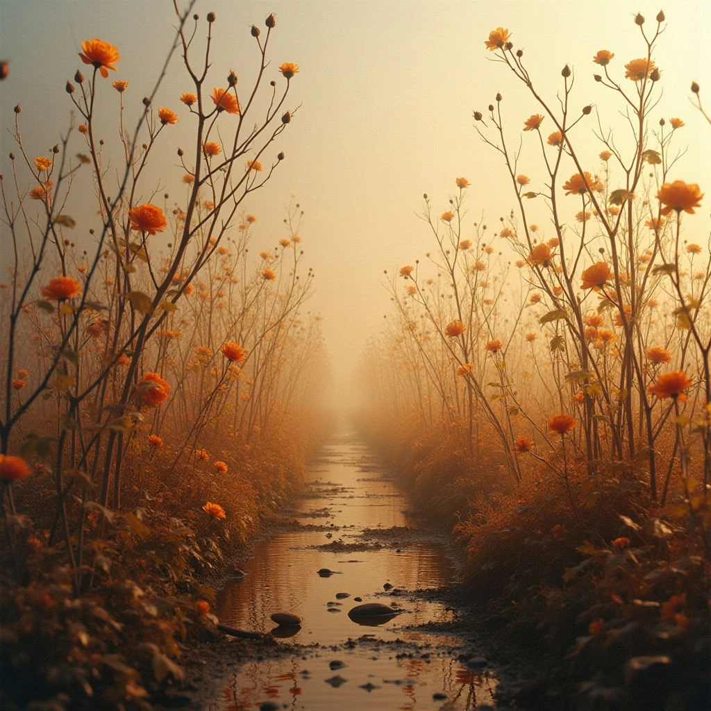 The scene is dominated by warm tones of orange and brown, with a soft golden light illuminating the landscape. Thin, branching stems topped with small orange flowers line both sides of a shallow waterway filled with dark stones and reflective water. Spatial depth is created by converging lines of vegetation leading towards a hazy, brighter point in the distance, suggesting a long, narrow passage.