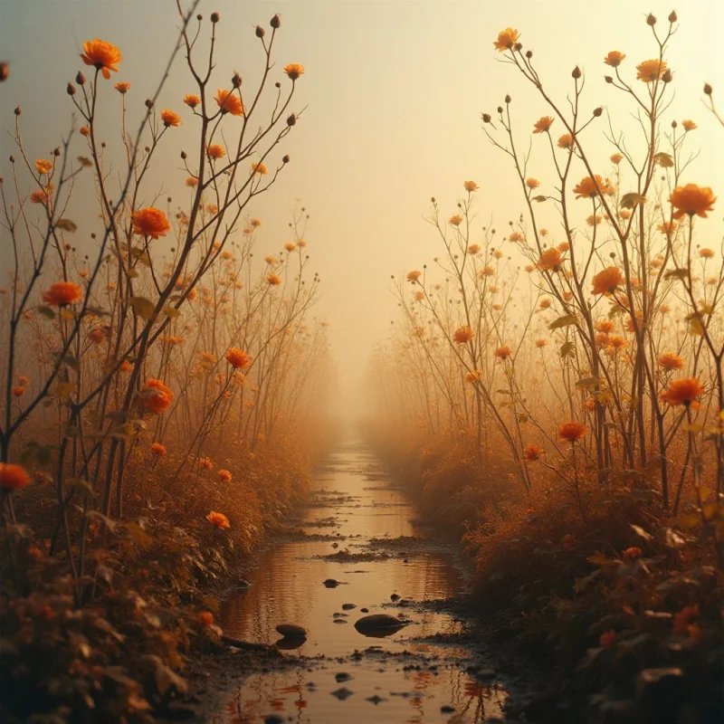 The scene is dominated by warm tones of orange and brown, with a soft golden light illuminating the landscape. Thin, branching stems topped with small orange flowers line both sides of a shallow waterway filled with dark stones and reflective water. Spatial depth is created by converging lines of vegetation leading towards a hazy, brighter point in the distance, suggesting a long, narrow passage.