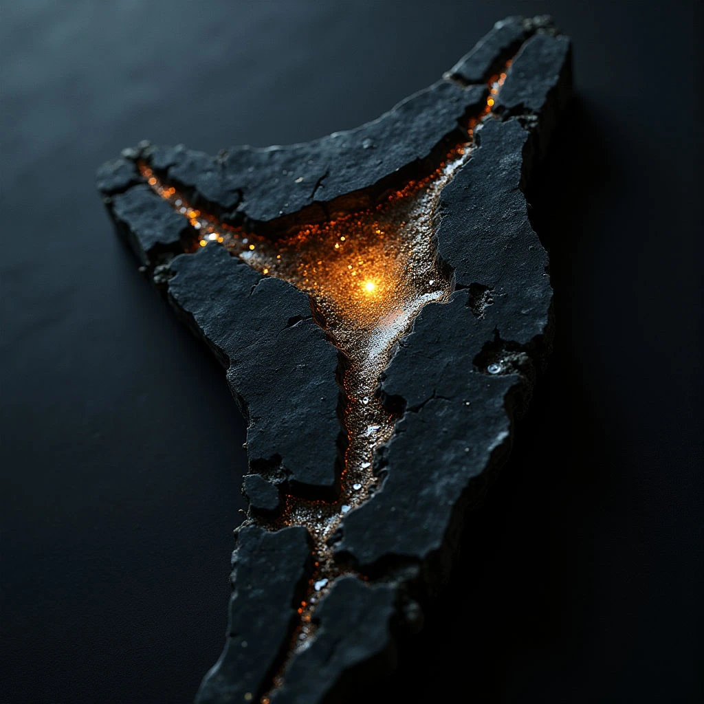 The image features a dark, irregularly shaped form with rough, cracked texture contrasted by smooth, glowing orange and white fissures running through its center. A concentrated point of bright light emanates from within the central crack, casting subtle illumination on surrounding areas. The object appears to be positioned against a flat, uniformly dark background, creating a sense of depth and highlighting its three-dimensional form.