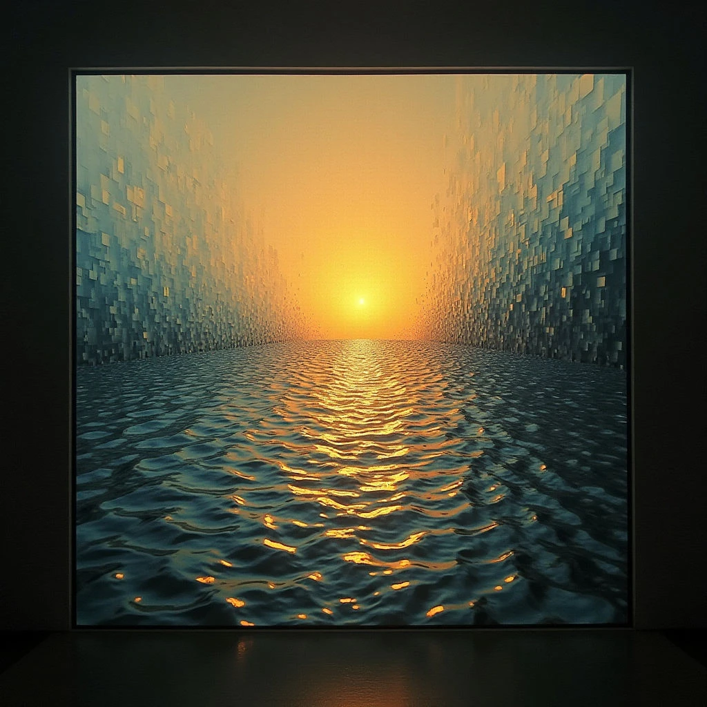 The image depicts a seascape with a central horizon line where a bright orange sun is positioned over calm water. Flanking the water are symmetrical formations resembling walls constructed from small, blocky units in shades of blue and teal, creating a sense of enclosure. Light strongly reflects off the water’s surface towards the viewer, while the surrounding structures appear darker and more textured due to their fragmented composition.