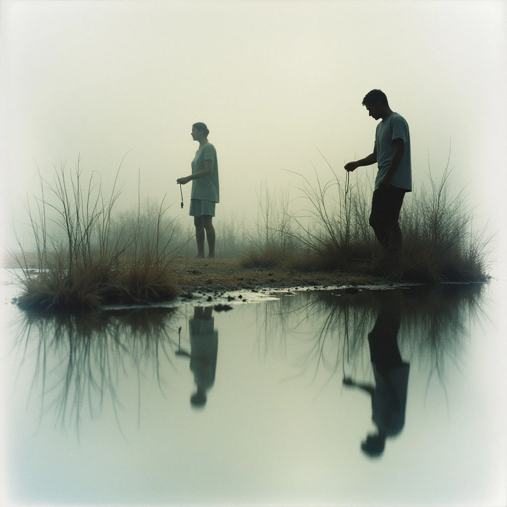 A man and a woman stand on a small patch of land surrounded by water, both holding long, thin objects that appear to be fishing rods. A thick fog obscures the background, creating a sense of isolation and stillness as their reflections mirror perfectly in the calm water below. The scene is muted in color, emphasizing the quiet, almost dreamlike atmosphere.