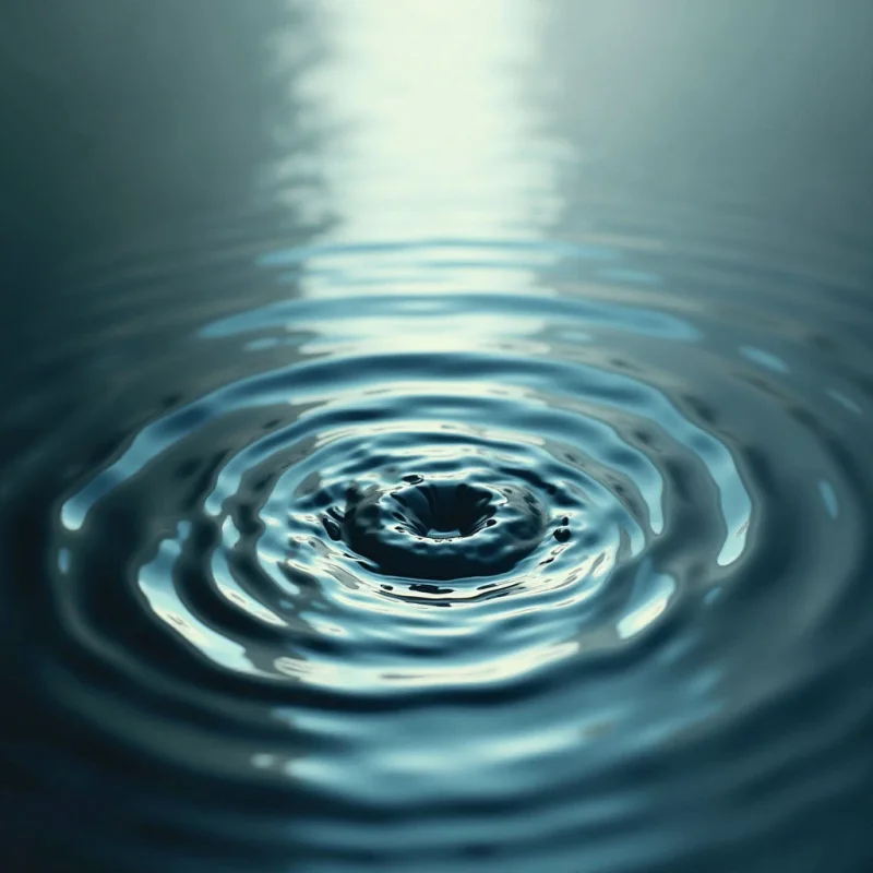 Ripples expand outward from a central point of impact on a calm body of water. The waves create concentric circles, becoming smaller and less defined as they move away from the source. Light reflects off the surface, creating a bright line down the middle and highlighting the texture of each wave.