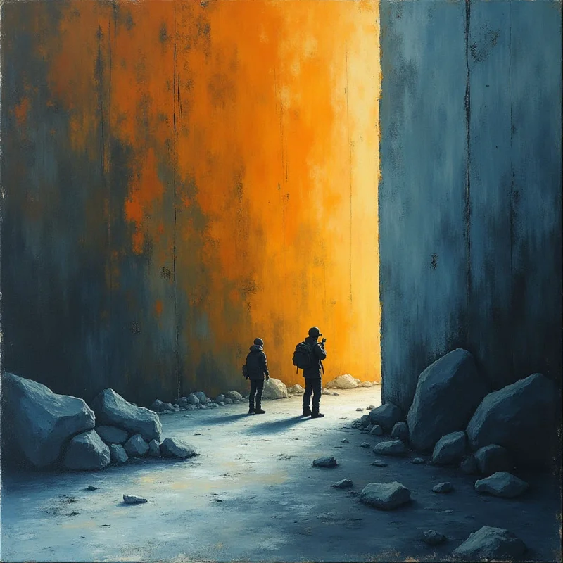 The image features two figures standing in a narrow space between towering walls of contrasting color – one wall is a warm orange and the other a cool blue-gray. Rough textures are suggested on both the walls and scattered rocks along the ground, which slopes gently away from the viewer towards a bright light emanating from beyond the frame. The figures are small in scale relative to their surroundings, emphasizing the vastness of the space and creating a sense of depth.
