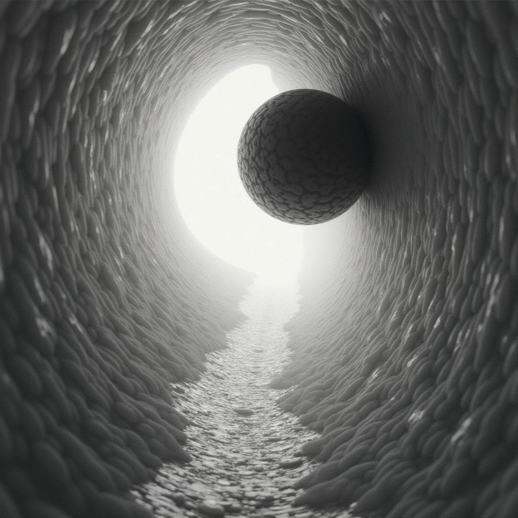 A dark, textured tunnel stretches into the distance towards a bright light source. A single sphere floats suspended within the tunnel, partially obscuring the glow. The walls of the tunnel are bumpy and organic in appearance, leading the eye toward the center point of illumination.