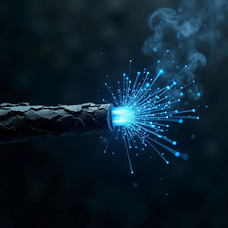 A dark, textured cable with a rough, bark-like surface extends horizontally from the left toward a central point of bright blue light. From this illuminated tip, numerous thin, glowing lines radiate outward in all directions, accompanied by wisps of translucent smoke rising upward. The composition is set against a dark, out-of-focus background that emphasizes the high contrast between the deep shadows and the brilliant cyan luminescence.