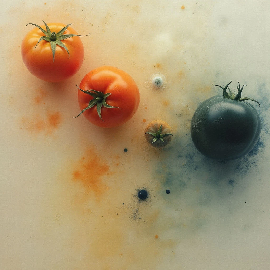 Four tomatoes—two bright red, one small and green-tinged, and a dark, almost black variety—rest on a pale surface. Splashes of orange and bluish-gray pigment surround the tomatoes, as if they’ve just been cut or crushed. The arrangement suggests a study in color and texture with a hint of messiness.