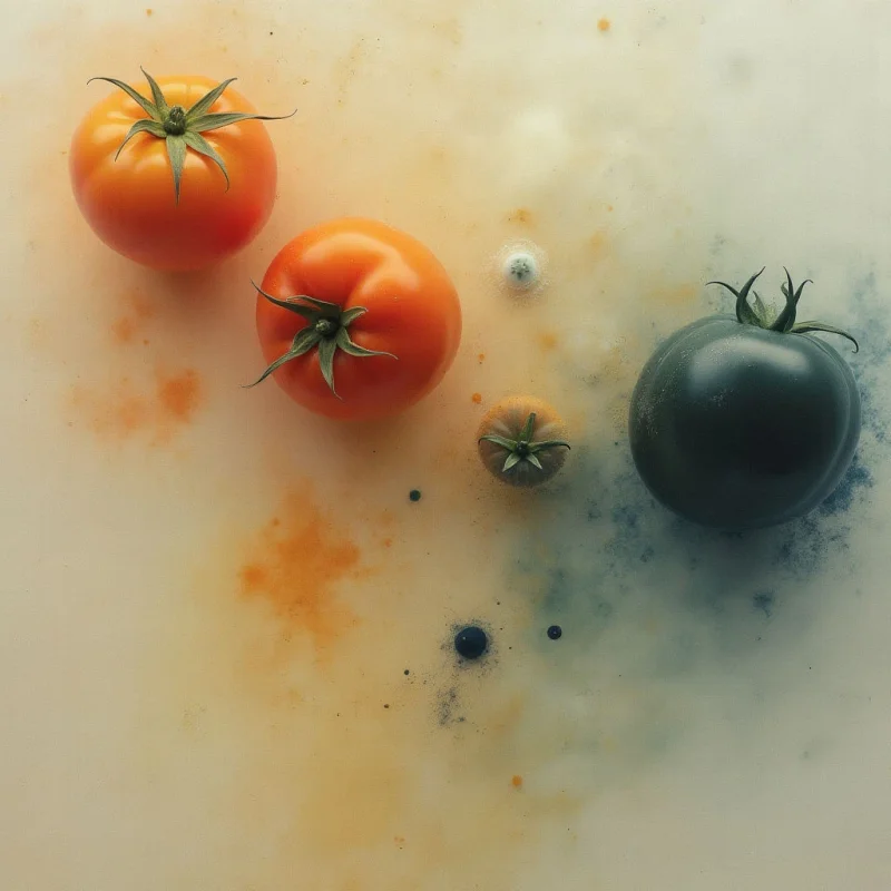 Four tomatoes—two bright red, one small and green-tinged, and a dark, almost black variety—rest on a pale surface. Splashes of orange and bluish-gray pigment surround the tomatoes, as if they’ve just been cut or crushed. The arrangement suggests a study in color and texture with a hint of messiness.