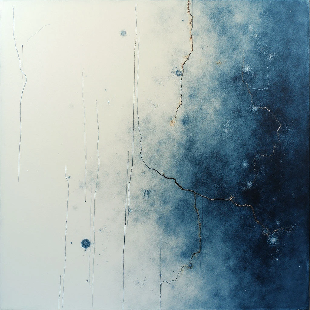 The image is divided diagonally into areas of predominantly white and deep blue tones, with a gradient blending the two colors in the center. Fine linear marks are scattered across both sections, contrasting with small, blurred circular shapes concentrated more heavily on the lighter side, while speckles of light appear within the darker area. Textures seem soft and diffused overall, suggesting a layered or blended application of material; a jagged, rusty-colored line bisects the composition, creating visual separation.