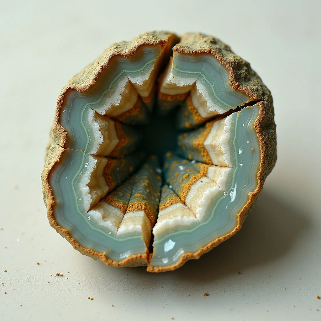 The image features a roughly spherical object split open to reveal concentric layers of color ranging from pale cream and warm yellow to muted teal. These bands exhibit varying textures—some smooth and glossy, others rough and granular—and are segmented by irregular white lines. Soft, diffused light highlights the interior curves while casting subtle shadows on the outer, textured surface which sits against a neutral background.