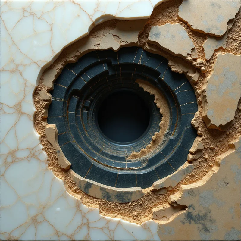A circular dark void is centered within a fractured surface of cream marble and tan, sandy earth. Concentric rings with fine linear grooves surround the central darkness, while jagged, irregular edges of broken stone transition into granular, textured debris. Bright light illuminates the smooth marble and rough terrain, creating sharp contrasts between the pale outer layers and the deep shadows of the inner core.