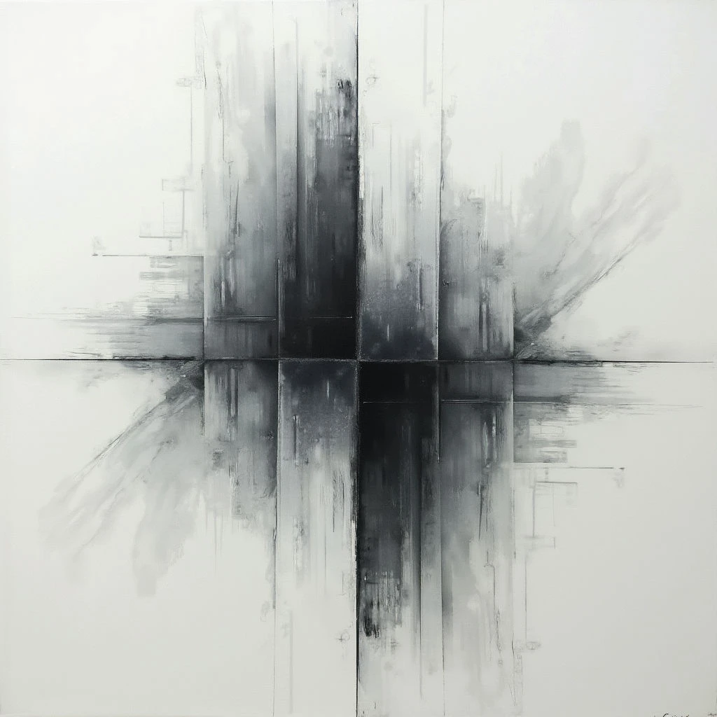 The image is a stark, monochrome abstract composition divided into four quadrants by intersecting lines. Dark, vertical brushstrokes cluster around the central intersection, radiating outwards with softer, blurred strokes towards the edges of each panel. Thin, fragmented linear elements are scattered throughout the white space, suggesting architectural forms or pathways.