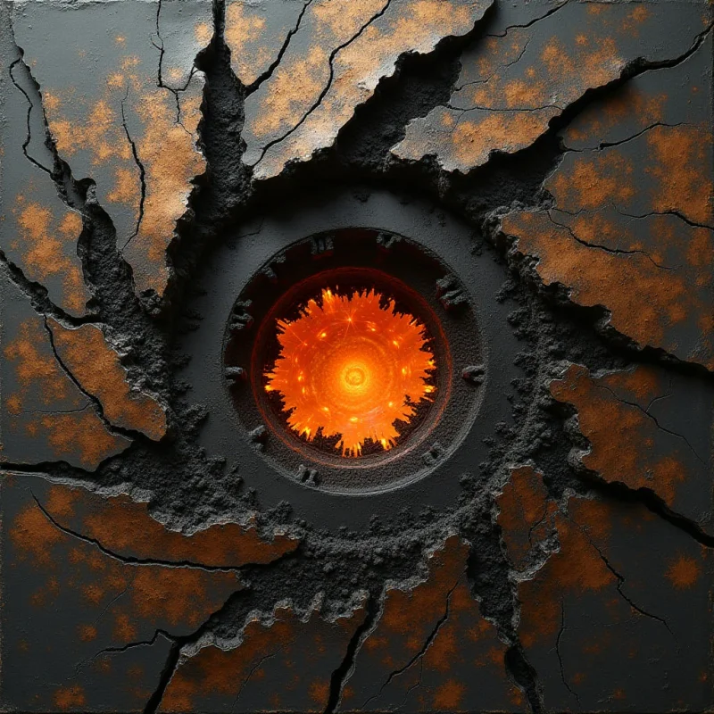 A central glowing orange orb radiates intense light from within a dark, circular crater. Deeply textured black cracks and jagged fissures spread outward across a matte grey and rust-colored surface. The composition features a radial arrangement of sharp, irregular shapes centered around the luminous core.