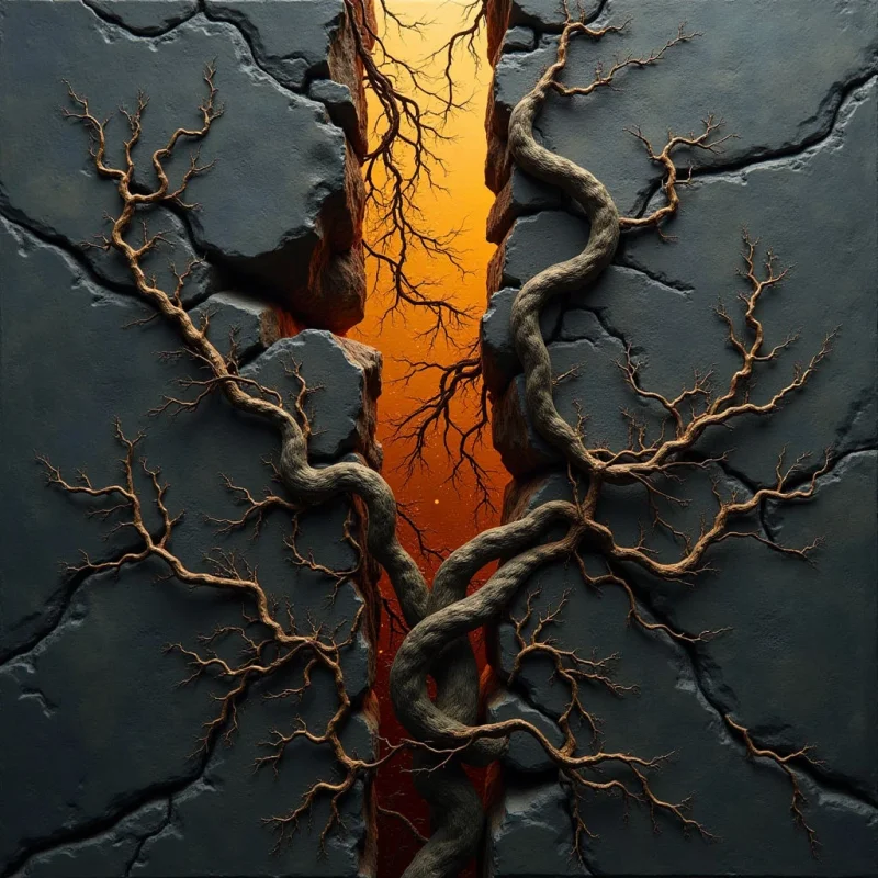 The image features a dark, textured surface split vertically by a crevice filled with tangled vines and branches against a warm orange glow. The stone appears rough and fragmented, contrasting with the smooth, twisting forms of the plant life extending into the illuminated space. Light emanates from behind the vines, creating highlights on their surfaces and defining a depth within the central opening.