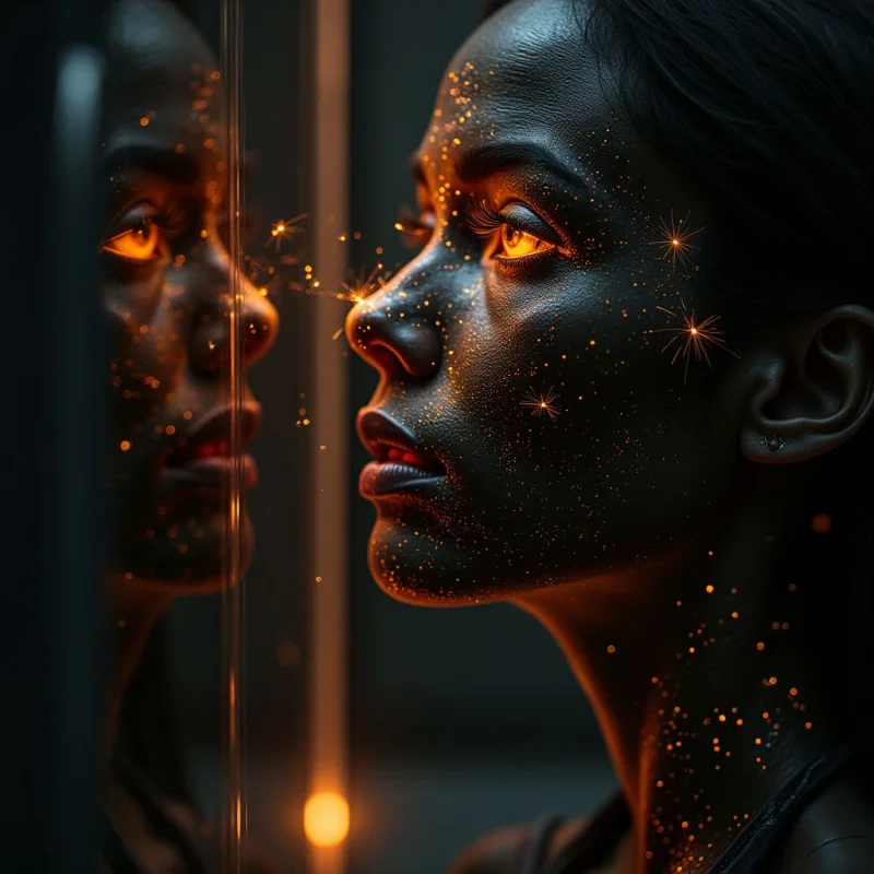 A profile of a dark-skinned figure is set against a deep black background, illuminated by warm, amber light that highlights fine, granular textures across the skin. Golden, star-like sparkles are scattered across the face and neck, creating sharp points of light amidst soft, glowing reflections. The composition features a vertical division where the subject's face is mirrored in a dark, reflective surface to the left.