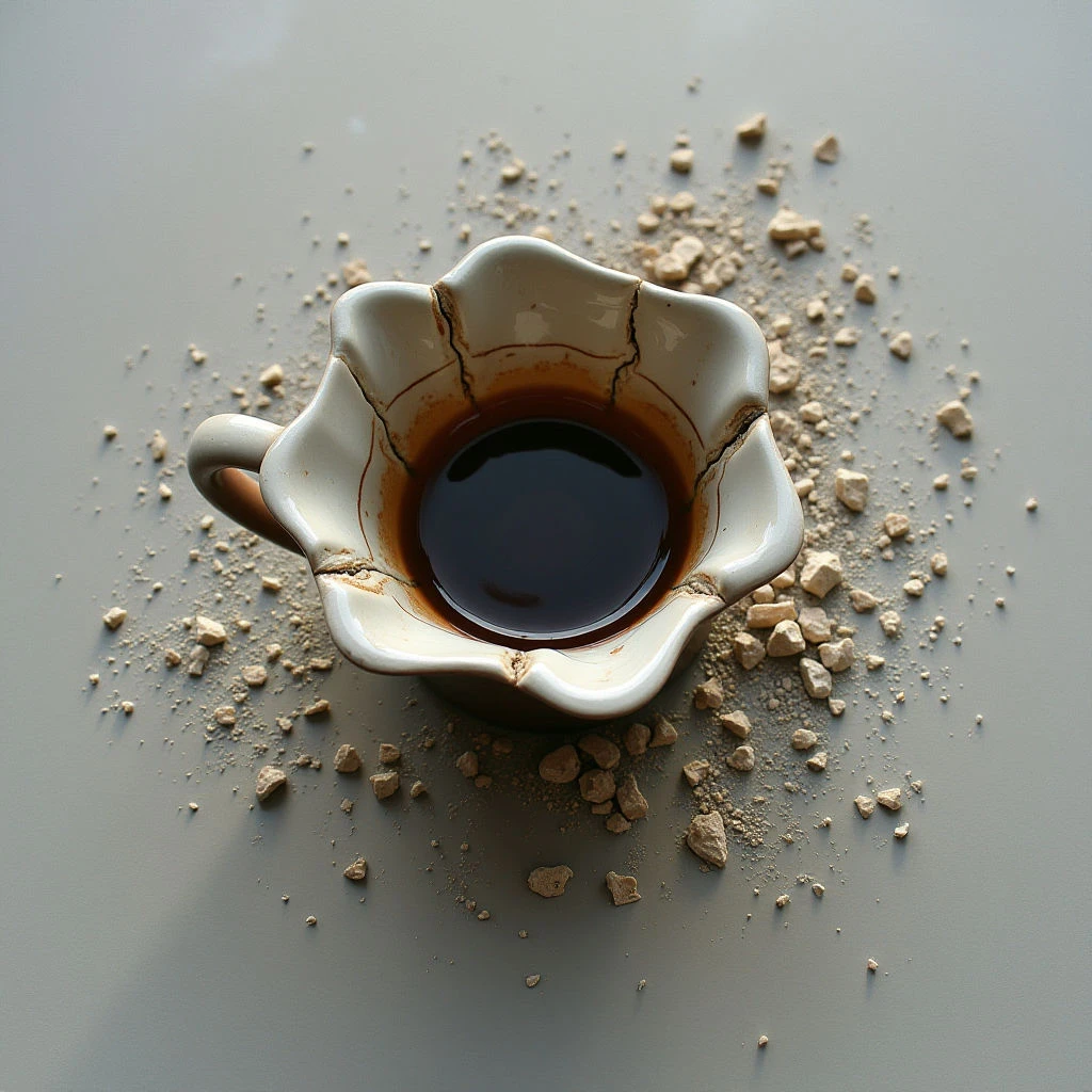 The image features a pale cream cup with a dark brown liquid inside, surrounded by irregularly shaped fragments of a similar material scattered across a flat gray surface. The cup is visibly cracked and worn, exhibiting a rough texture in contrast to the smooth liquid and relatively uniform debris. Soft light casts gentle shadows, suggesting a single overhead source and highlighting the spatial arrangement of the broken pieces around the central cup.