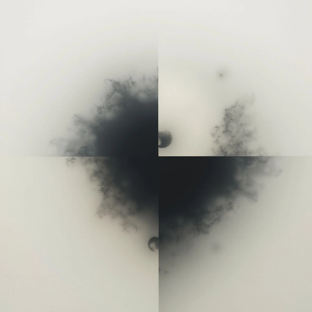 The image is divided into four quadrants, each with a dark, amorphous cloud shape against a pale background. Small, rounded objects—like pebbles or beads—rest below two of the clouds. The overall effect is soft and ethereal, resembling abstract formations in mist or water.