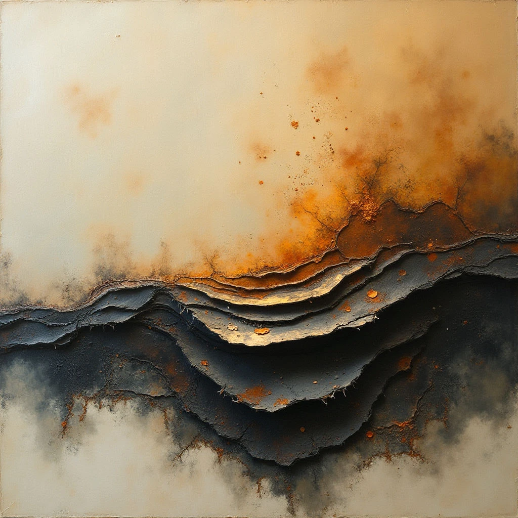 The image features a primarily earth-toned palette with variations of beige, cream, brown, and black dominating the scene. Layered, horizontal bands of textured material occupy the lower half of the composition, contrasting with a softer, cloud-like upper section. Light appears to emanate from above, creating highlights on the layered forms and a gradual transition in tone from dark at the bottom to lighter hues towards the top, suggesting depth.