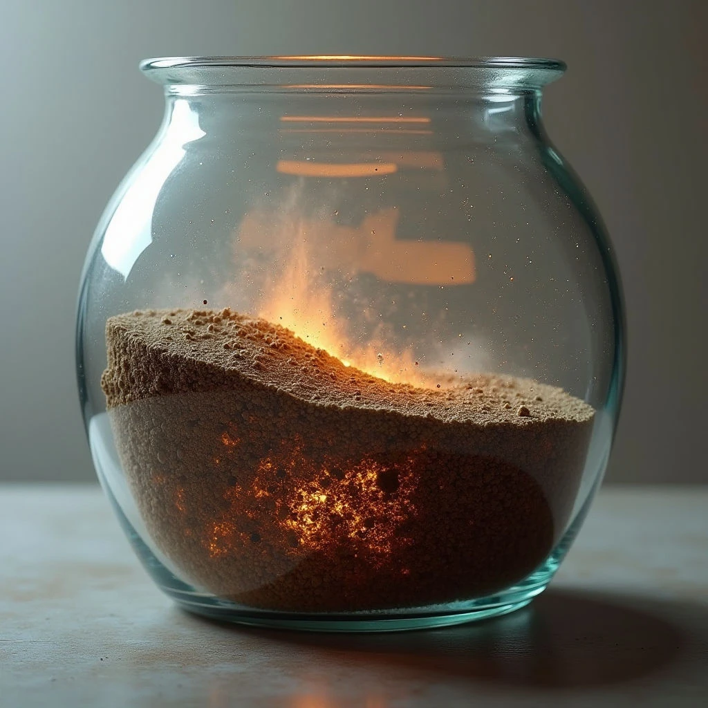 The image features a clear glass jar partially filled with a granular brown substance that appears to be in motion, creating a layered effect within the vessel. Warm golden light emanates from within the lower portion of the jar and reflects off the surrounding glass, contrasting with cooler gray tones in the background and on the surface below. The rounded shape of the jar dominates the composition, while particles seem suspended mid-air, suggesting dynamic spatial relationships between the substance and its container.