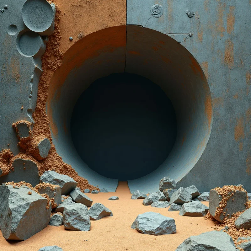 A large, circular tunnel opening dominates the center, framed by smooth gray concrete walls and textured orange sand. The composition features a stark contrast between the dark, shadowy interior of the tunnel and the brightly lit sandy ground scattered with jagged, gray rocks. Sharp geometric curves of the structure intersect with the irregular, granular textures of the earth and stone.