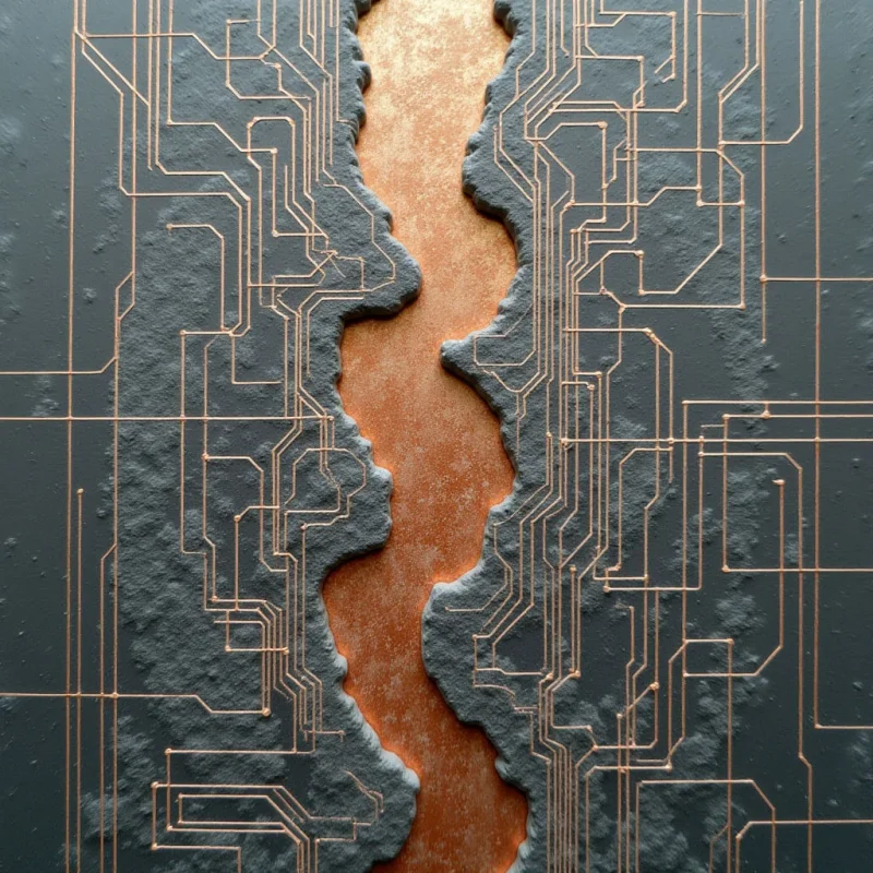 A jagged, vertical fissure of textured copper divides a dark gray surface marked by thin, geometric gold lines. The composition features a stark contrast between the smooth, linear patterns of the circuitry and the rough, organic edges of the central canyon. Light catches the metallic surfaces, highlighting the granular texture of the dark material and the reflective sheen of the recessed copper path.