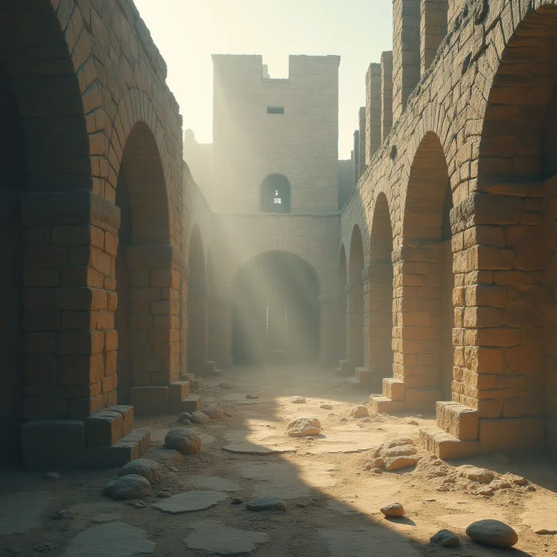 The image features a long corridor constructed from roughly textured, warm tan stone blocks arranged into repeating arches. Sunlight streams down the central axis of the space, creating bright highlights on the floor and fading into soft shadows within the archways, with a tower visible at the distant end. The spatial arrangement emphasizes linear perspective, drawing the eye towards the receding architecture and a luminous opening beyond.