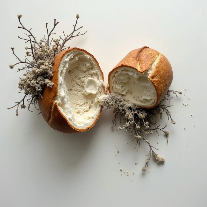Two halves of a crusty loaf of bread are split apart on a pale surface, revealing soft interiors. Delicate dried flower stems sprout from the openings of both pieces, seemingly growing out of the crumb. Small crumbs are scattered around the base of the arrangement, adding to a natural and slightly decaying aesthetic.
