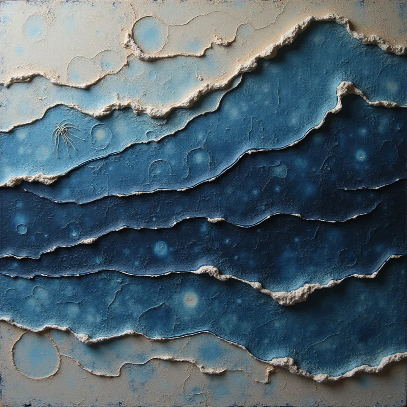 Layered, irregular bands of deep navy and lighter cerulean blue traverse a textured pale beige background. The composition features jagged, raised white edges that create a sense of physical depth between the undulating organic shapes. Light appears diffused across the matte, granular surfaces, highlighting the subtle circular patterns and topographical ridges.