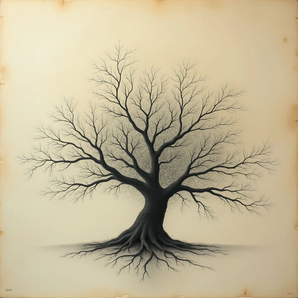 The image features a centrally composed tree with dark, intricate branches and roots against a pale beige background. The trunk appears textured and shadowed, contrasting with the smoother, lighter tones of the surrounding space. Light seems to emanate from behind the tree, creating subtle gradients and defining its form while also casting a soft shadow below.