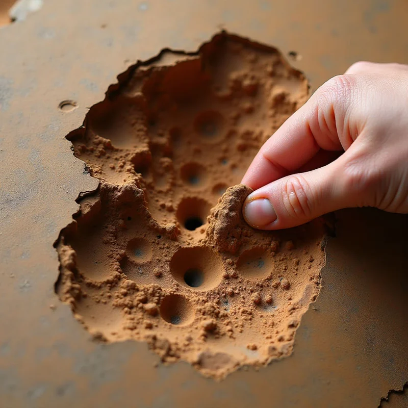 A pale hand reaches into a jagged, irregular opening in a flat, earthy-brown surface to touch a mound of fine, sandy texture. Within the hollowed area, several smooth, circular indentations are scattered amidst clumps of loose, tan-colored granules. Soft, diffused light illuminates the scene, creating subtle shadows within the depressions and highlighting the contrast between the smooth skin and the coarse material.
