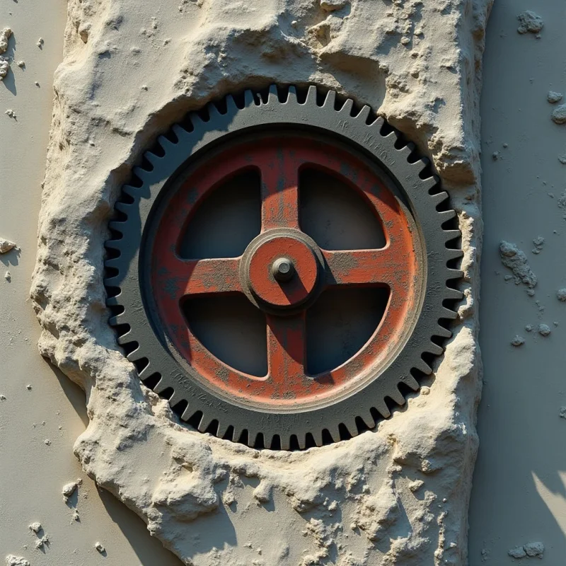 A rusted, reddish-brown gear with dark grey teeth is embedded within a rugged, cream-colored stone surface. The circular shape of the gear contrasts with the irregular, jagged textures of the surrounding rock and the smooth background. Bright light casts distinct shadows within the gear's spokes and across the uneven contours of the stone.
