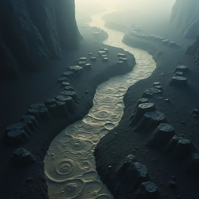 A winding, pale river with concentric circular ripples flows through a dark, monochromatic canyon of rugged, textured slopes. The landscape is composed of jagged rock formations and scattered stone pillars under a diffused, hazy light that fades into a bright horizon. Deep shadows contrast against the luminous water, creating a sense of depth within the narrow valley.